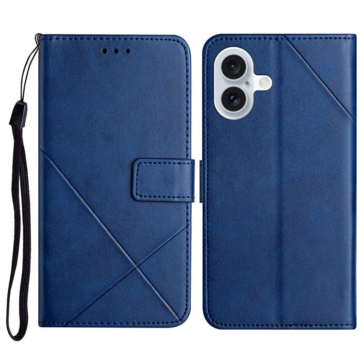 For iPhone 16 Plus Leather Case Line Pattern Wallet Phone Cover - Blue