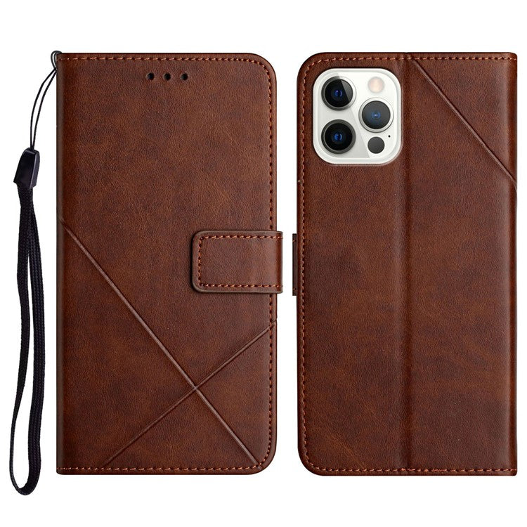 For iPhone 16 Pro Leather Case Line Pattern Wallet Phone Cover - Brown