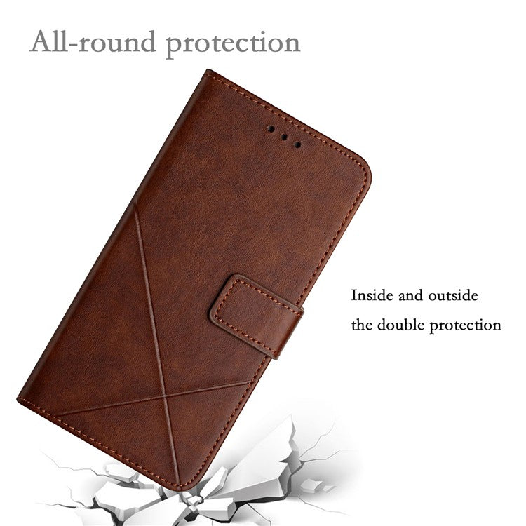 For iPhone 16 Pro Leather Case Line Pattern Wallet Phone Cover - Brown