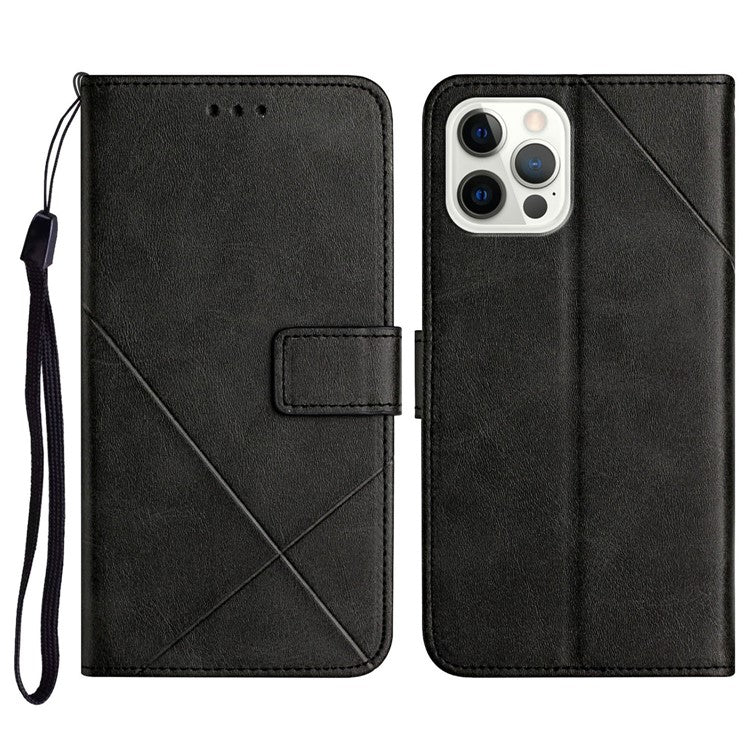 For iPhone 16 Pro Leather Case Line Pattern Wallet Phone Cover - Black