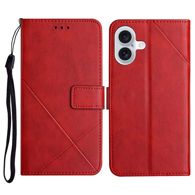 For iPhone 16 Leather Case Line Pattern Wallet Phone Cover - Red