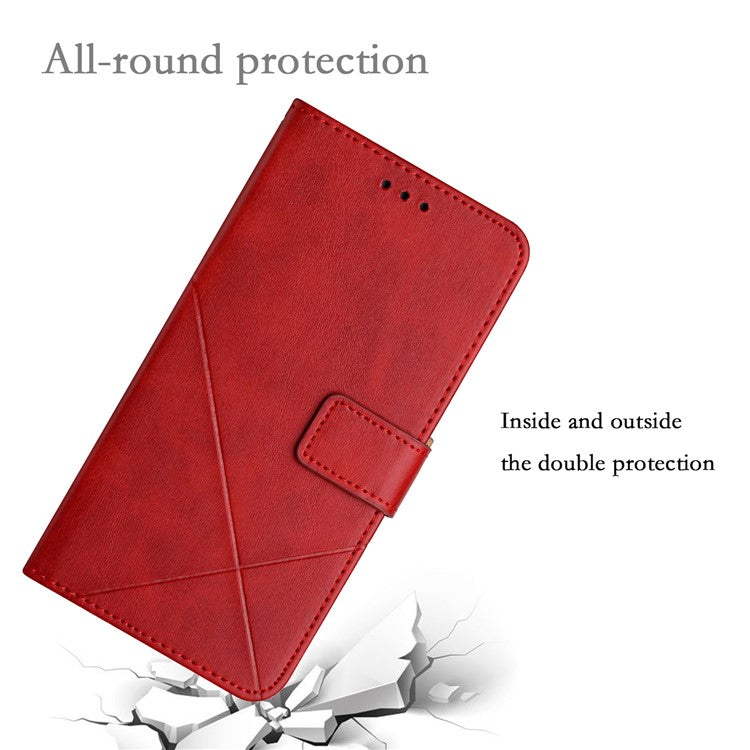 For iPhone 16 Leather Case Line Pattern Wallet Phone Cover - Red