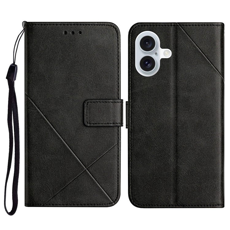 For iPhone 16 Leather Case Line Pattern Wallet Phone Cover - Black