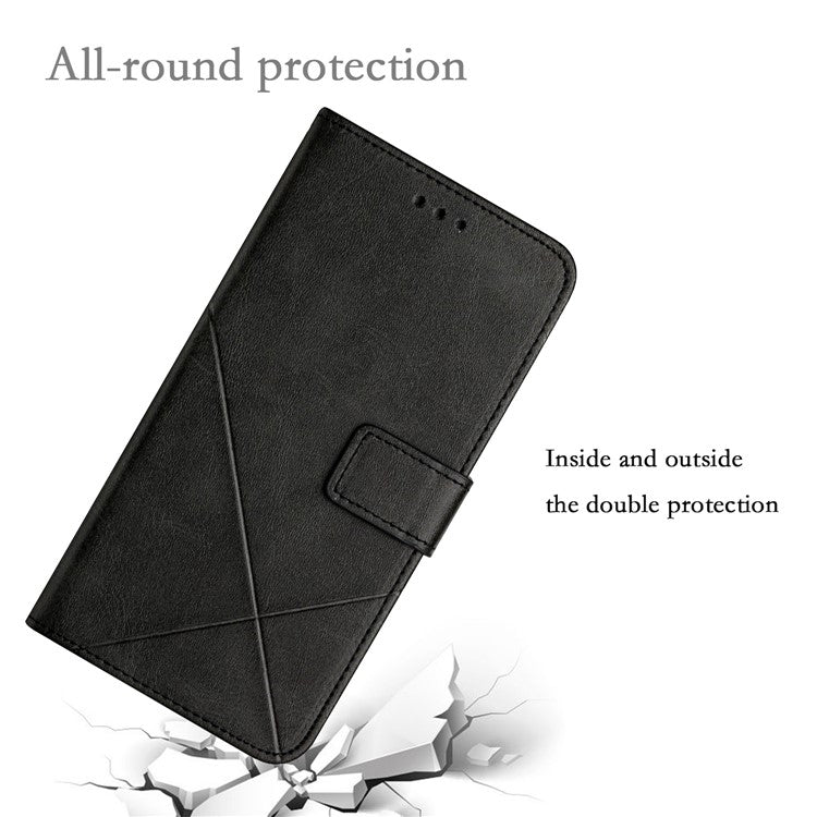For iPhone 16 Leather Case Line Pattern Wallet Phone Cover - Black