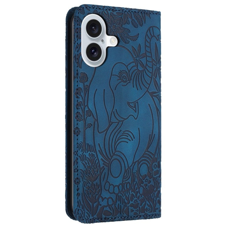 For iPhone 16 Plus Case PU Leather Wallet Phone Cover Elephant Pattern - Blue
