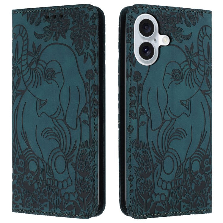 For iPhone 16 Plus Case PU Leather Wallet Phone Cover Elephant Pattern - Green