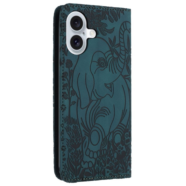 For iPhone 16 Plus Case PU Leather Wallet Phone Cover Elephant Pattern - Green