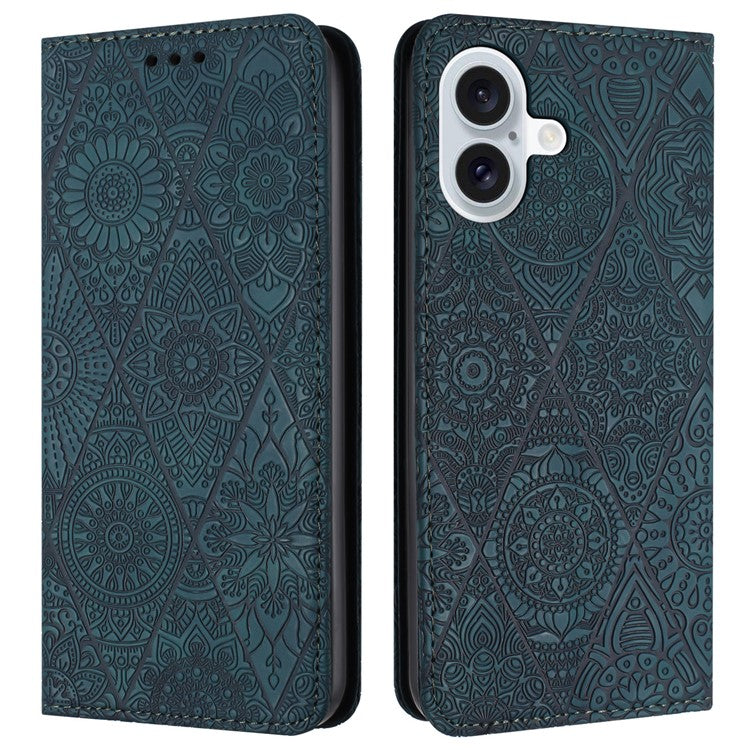 For iPhone 16 Case Imprinted Flower Wallet Stand Leather Phone Cover - Blue