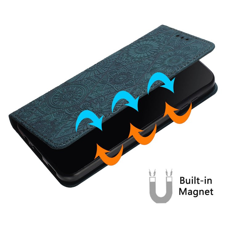 For iPhone 16 Case Imprinted Flower Wallet Stand Leather Phone Cover - Blue