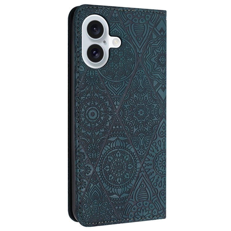 For iPhone 16 Case Imprinted Flower Wallet Stand Leather Phone Cover - Blue