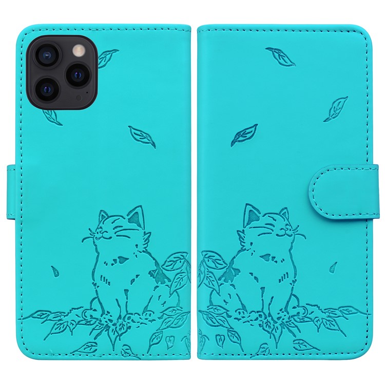 For iPhone 16 Pro Case Wallet Cat Pattern Imprinted Leather Phone Cover - Lake Blue
