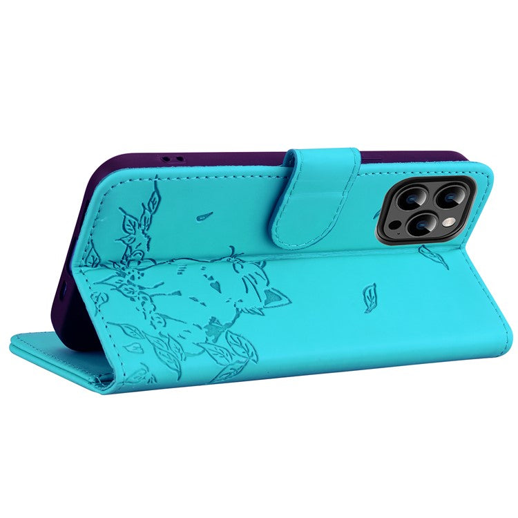 For iPhone 16 Pro Case Wallet Cat Pattern Imprinted Leather Phone Cover - Lake Blue