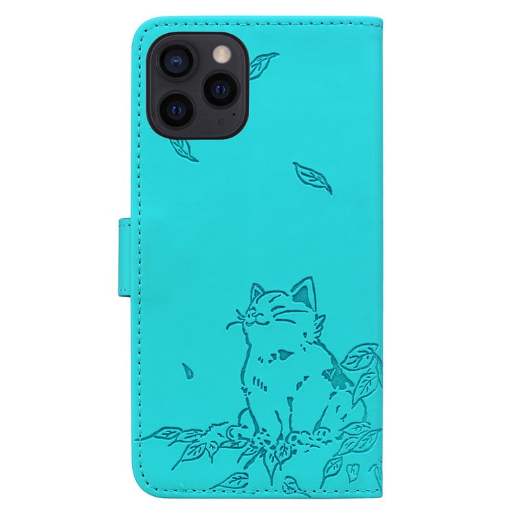 For iPhone 16 Pro Case Wallet Cat Pattern Imprinted Leather Phone Cover - Lake Blue