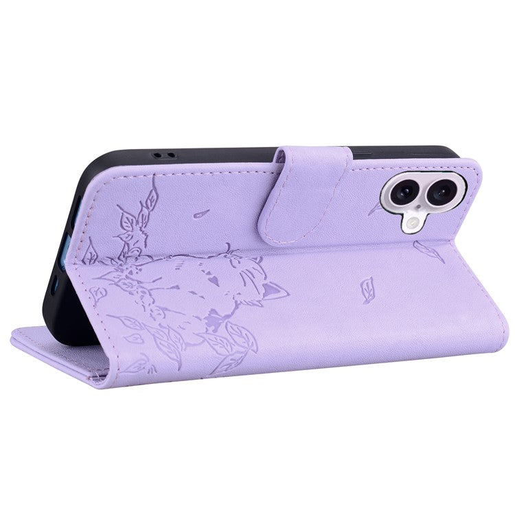 For iPhone 16 Plus Case Wallet Cat Pattern Imprinted Leather Phone Cover - Purple