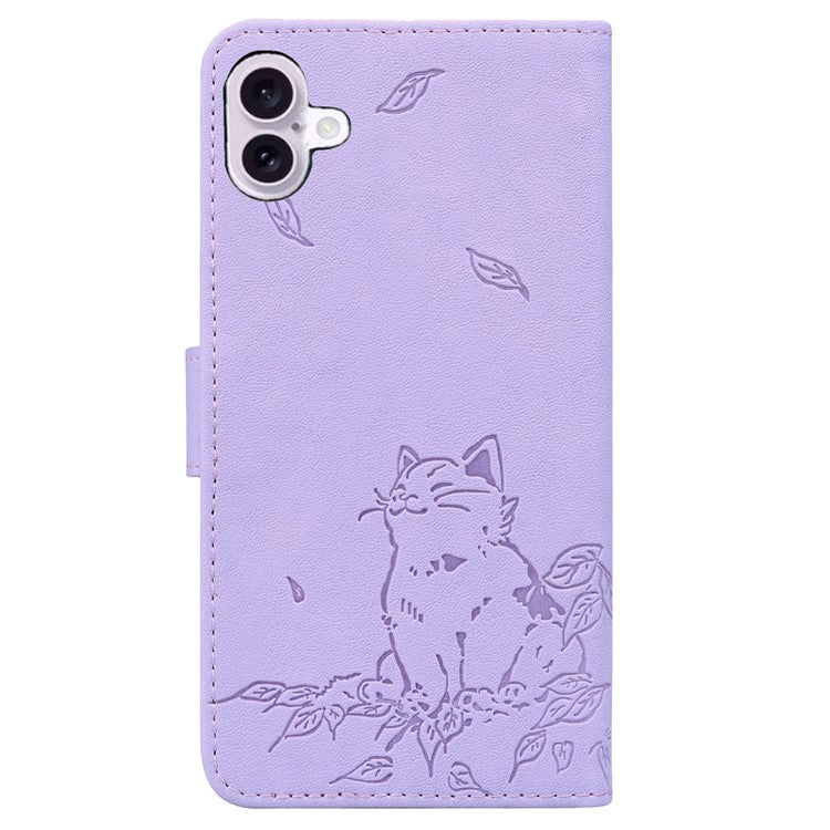 For iPhone 16 Plus Case Wallet Cat Pattern Imprinted Leather Phone Cover - Purple