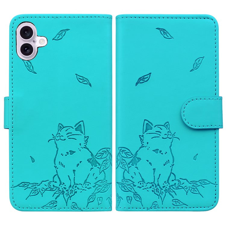 For iPhone 16 Plus Case Wallet Cat Pattern Imprinted Leather Phone Cover - Lake Blue