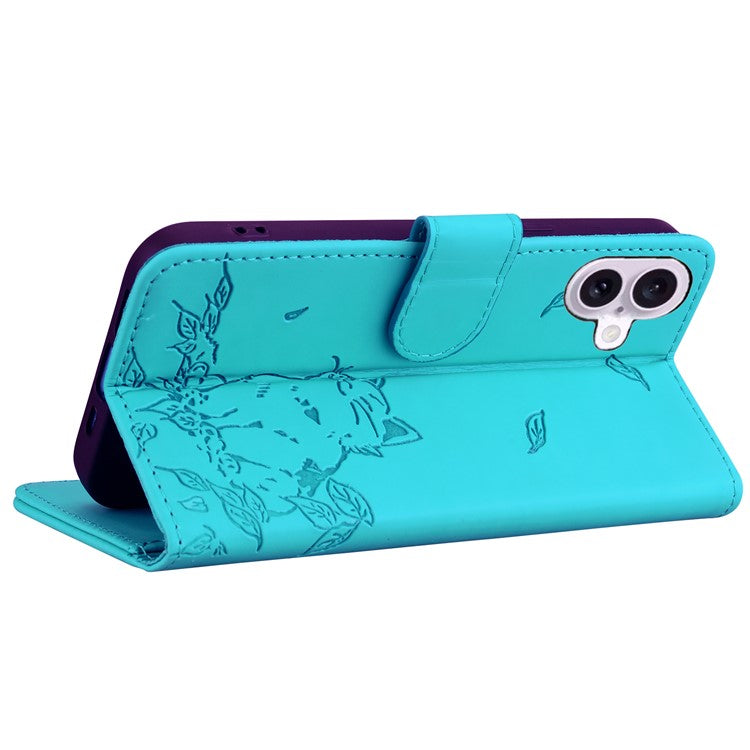 For iPhone 16 Plus Case Wallet Cat Pattern Imprinted Leather Phone Cover - Lake Blue