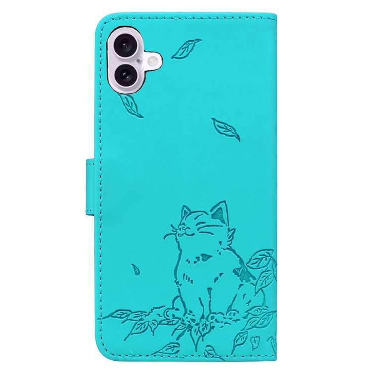 For iPhone 16 Plus Case Wallet Cat Pattern Imprinted Leather Phone Cover - Lake Blue