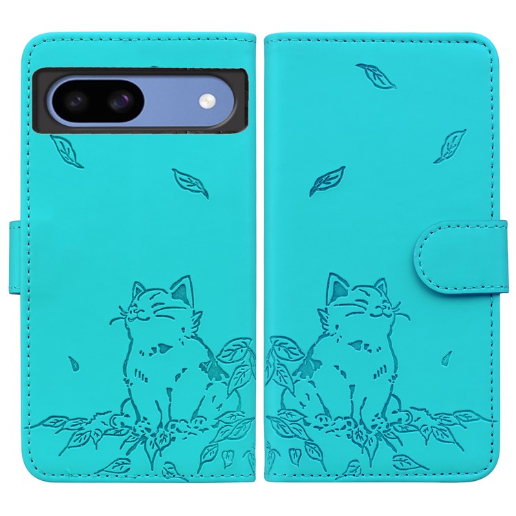 For Google Pixel 8a Case Wallet Cat Pattern Imprinted Leather Phone Cover - Lake Blue