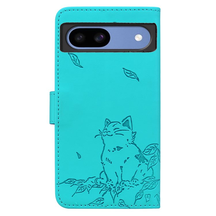 For Google Pixel 8a Case Wallet Cat Pattern Imprinted Leather Phone Cover - Lake Blue