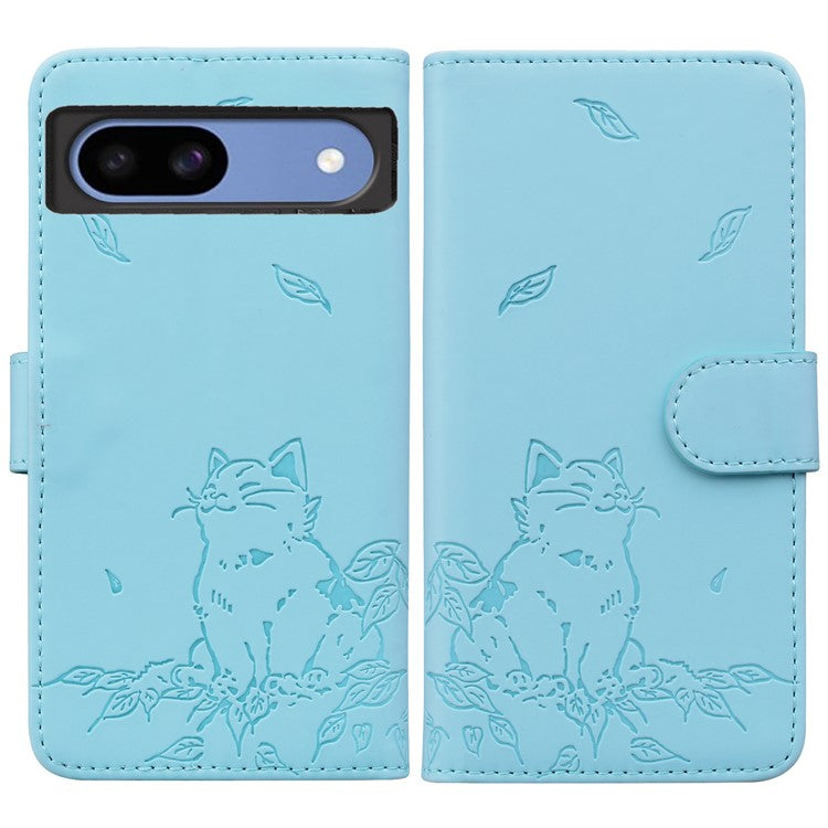 For Google Pixel 8a Case Wallet Cat Pattern Imprinted Leather Phone Cover - Sky Blue