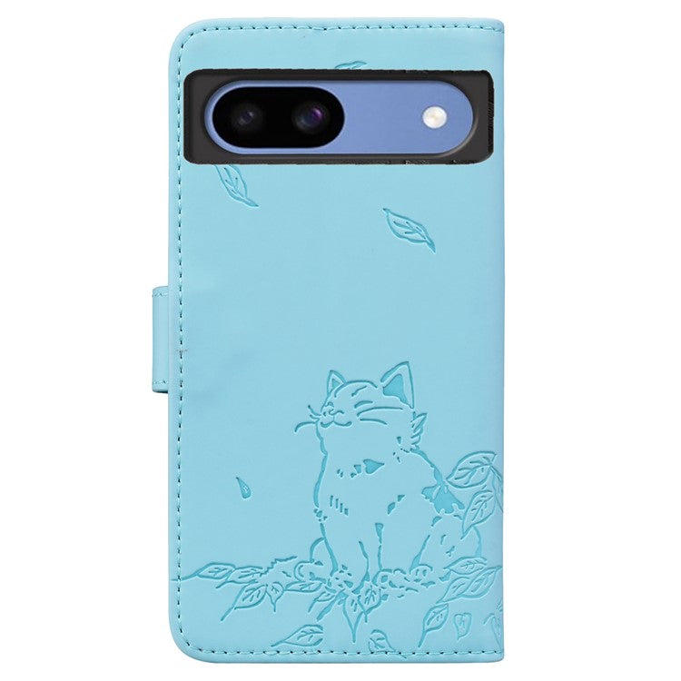 For Google Pixel 8a Case Wallet Cat Pattern Imprinted Leather Phone Cover - Sky Blue