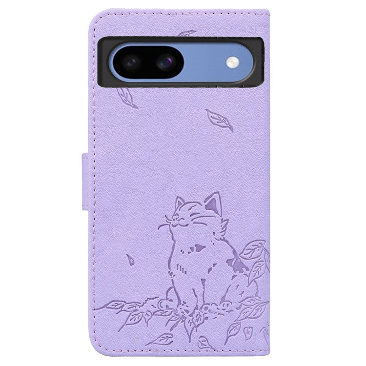 For Google Pixel 8a Case Wallet Cat Pattern Imprinted Leather Phone Cover - Purple
