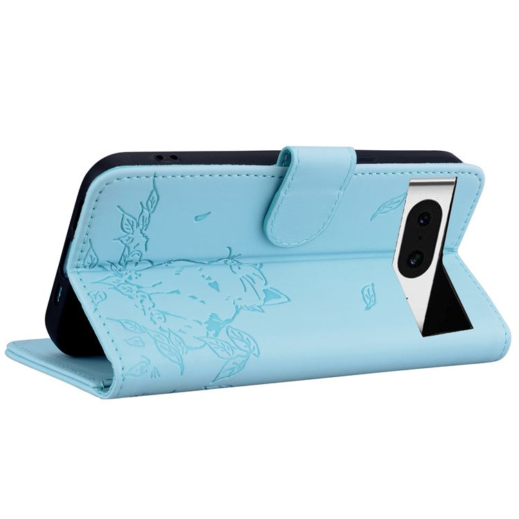 For Google Pixel 8 Case Wallet Cat Pattern Imprinted Leather Phone Cover - Sky Blue