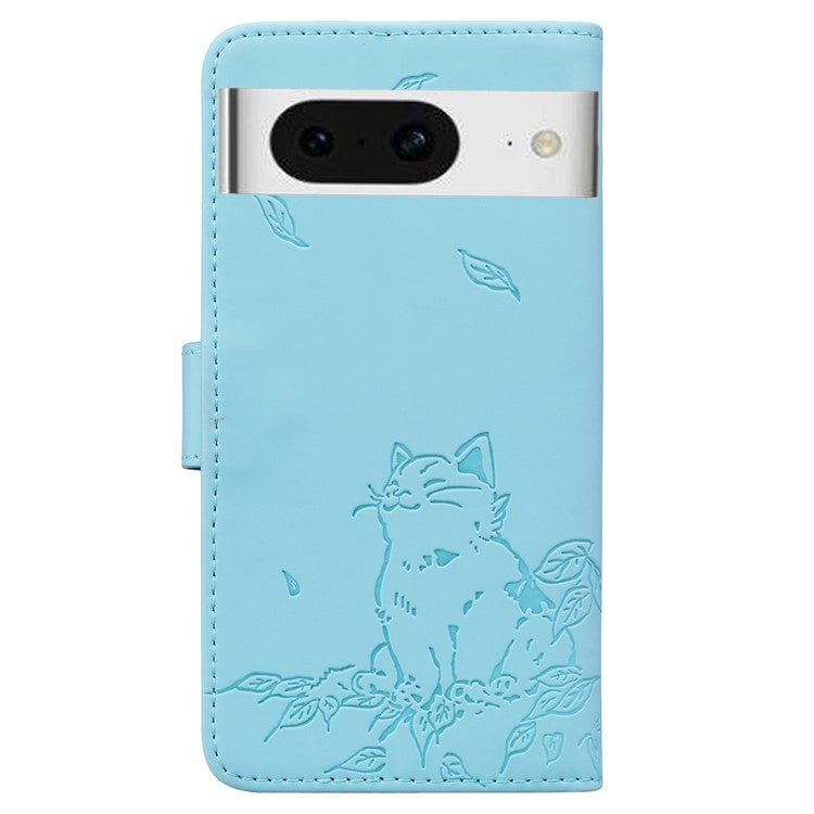For Google Pixel 8 Case Wallet Cat Pattern Imprinted Leather Phone Cover - Sky Blue
