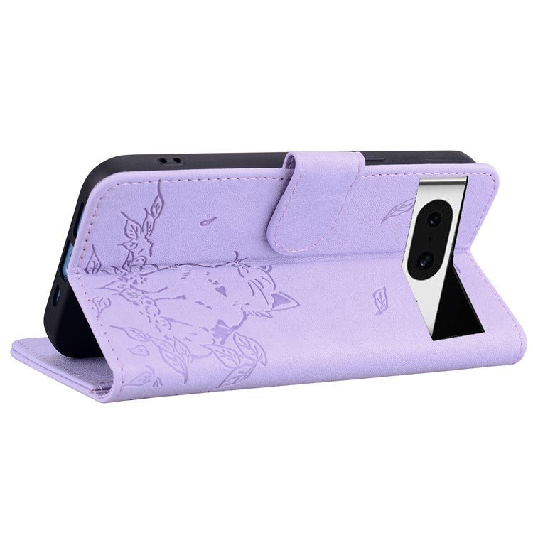 For Google Pixel 8 Case Wallet Cat Pattern Imprinted Leather Phone Cover - Purple