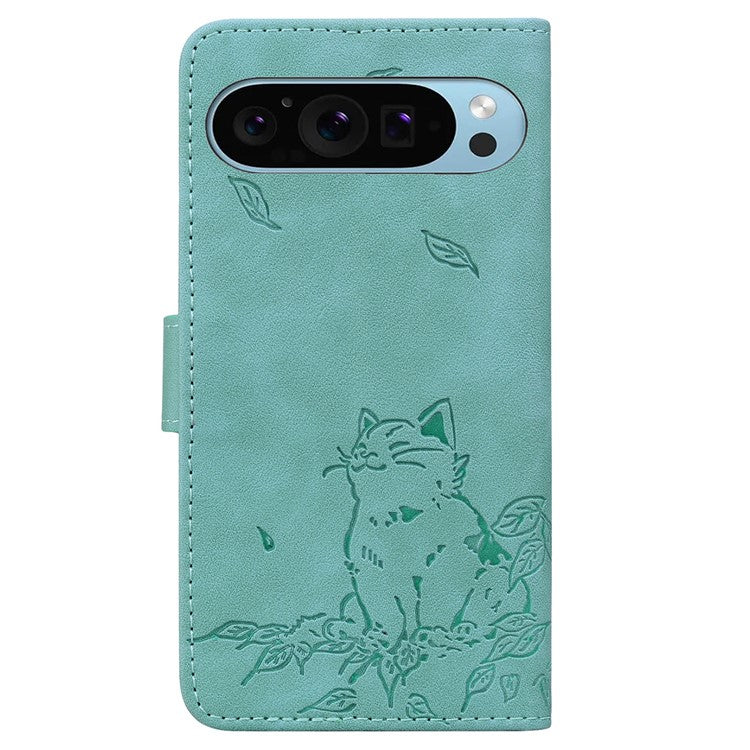 For Google Pixel 9 Pro XL Case Wallet Cat Pattern Imprinted Leather Phone Cover - Green