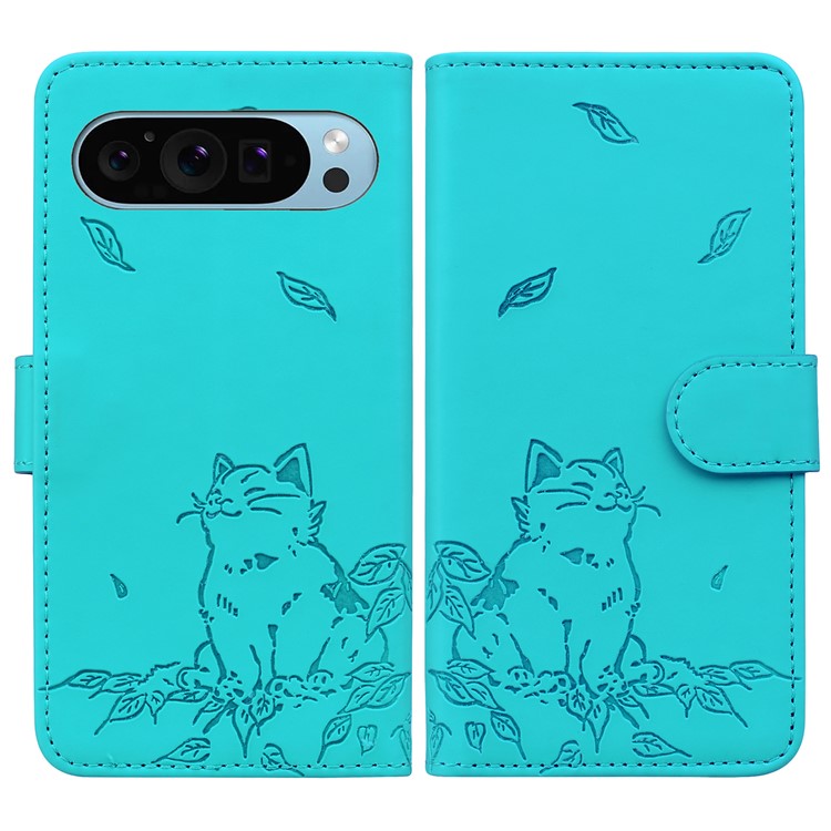 For Google Pixel 9 Pro XL Case Wallet Cat Pattern Imprinted Leather Phone Cover - Lake Blue
