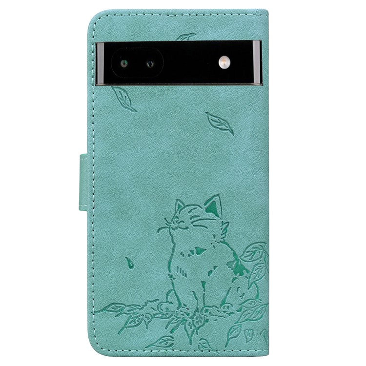For Google Pixel 7a Case Wallet Cat Pattern Imprinted Leather Phone Cover - Green