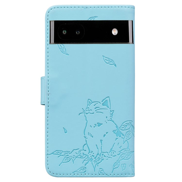 For Google Pixel 7a Case Wallet Cat Pattern Imprinted Leather Phone Cover - Sky Blue