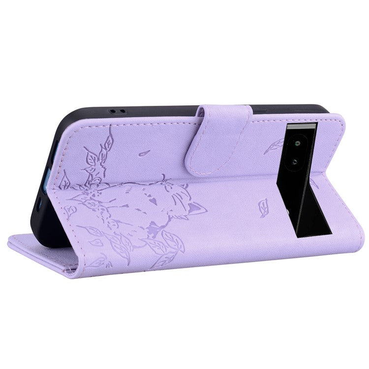 For Google Pixel 7a Case Wallet Cat Pattern Imprinted Leather Phone Cover - Purple