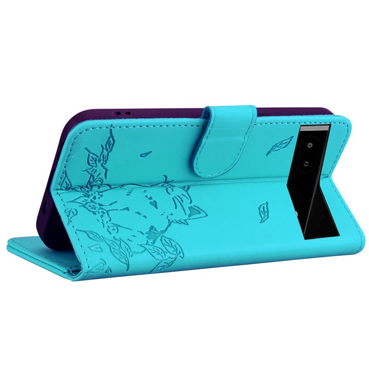 For Google Pixel 7a Case Wallet Cat Pattern Imprinted Leather Phone Cover - Lake Blue