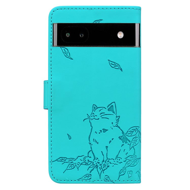 For Google Pixel 7a Case Wallet Cat Pattern Imprinted Leather Phone Cover - Lake Blue