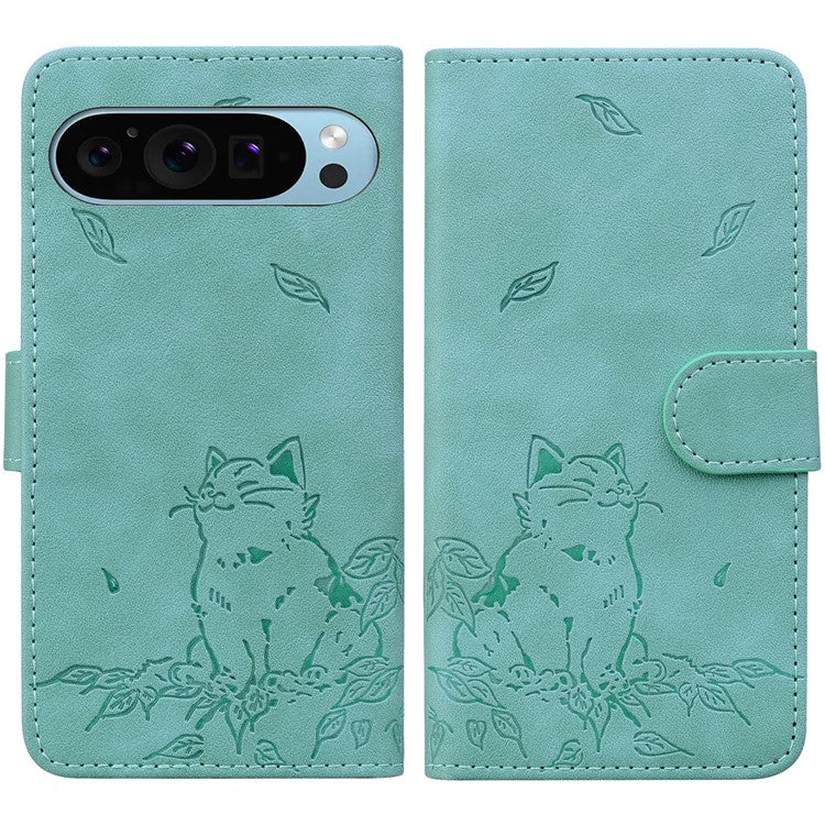 For Google Pixel 9 / Pixel 9 Pro Case Wallet Cat Pattern Imprinted Leather Phone Cover - Green