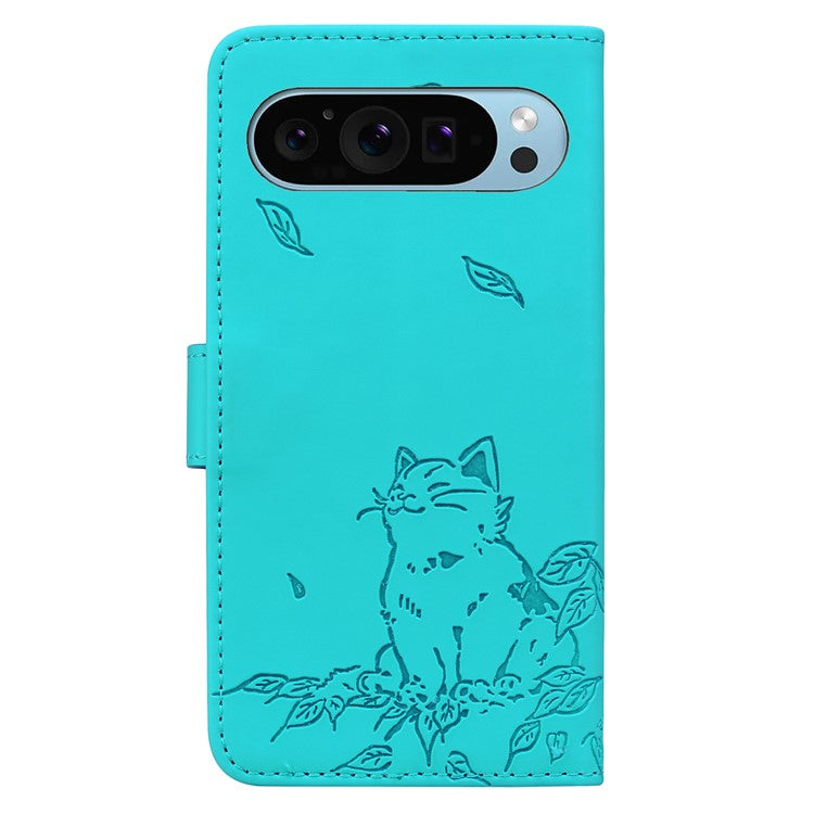 For Google Pixel 9 / Pixel 9 Pro Case Wallet Cat Pattern Imprinted Leather Phone Cover - Lake Blue