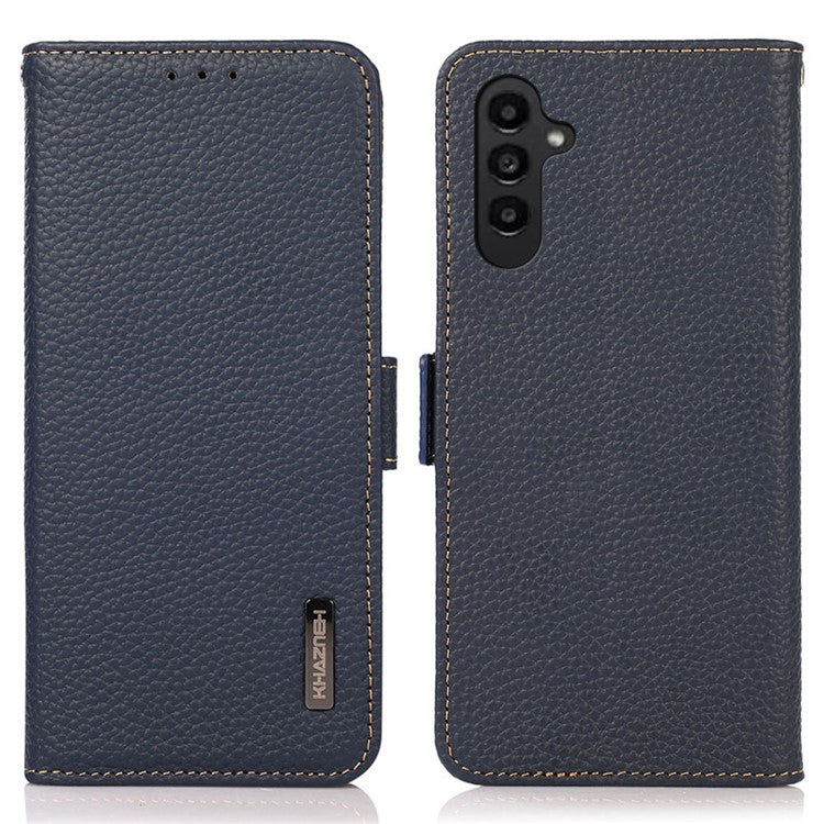 KHAZNEH For Samsung Galaxy M35 5G Phone Case Genuine Cow Leather Cover RFID Blocking - Blue