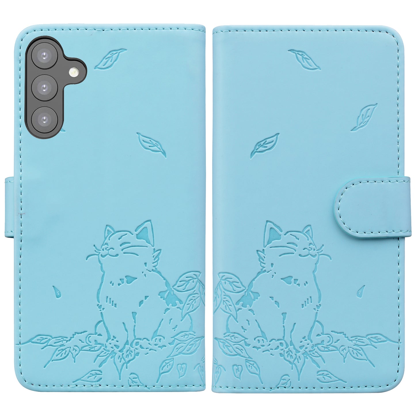 For Samsung Galaxy A16 5G / A16 4G Case Wallet Cat Pattern Imprinted Leather Phone Cover - Sky Blue