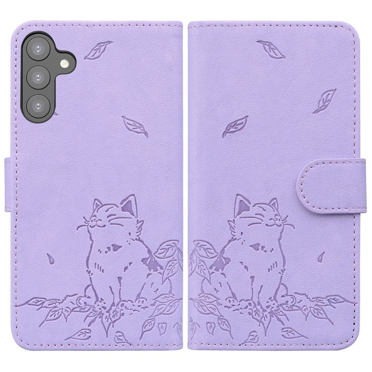 For Samsung Galaxy S24 Case Wallet Cat Pattern Imprinted Leather Phone Cover - Purple