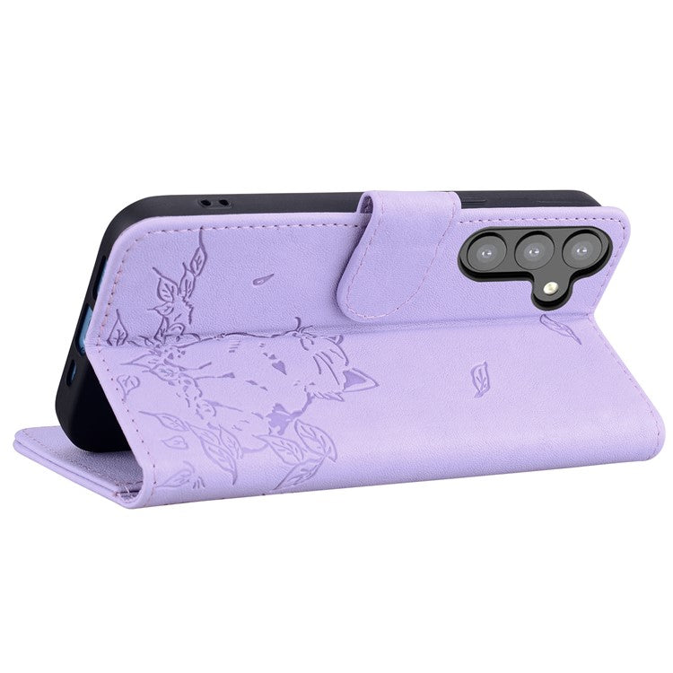 For Samsung Galaxy S24 Case Wallet Cat Pattern Imprinted Leather Phone Cover - Purple