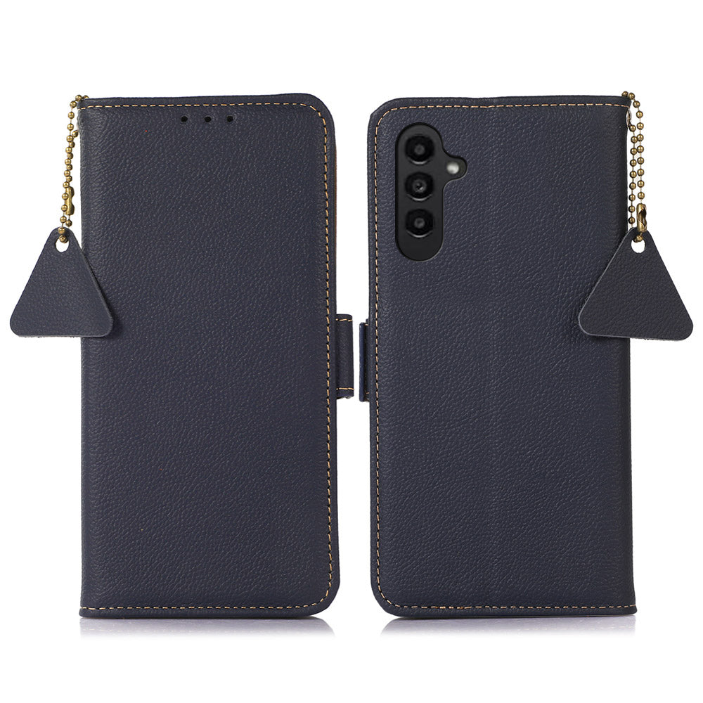TJ For Samsung Galaxy A16 5G / A16 4G Case RFID Blocking Genuine Cow Leather Phone Cover - Blue