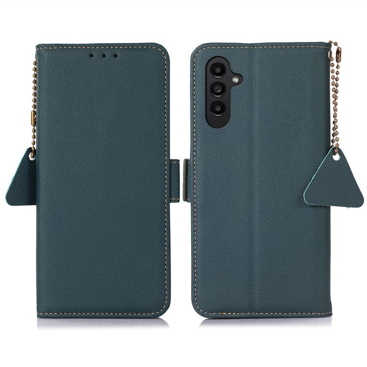 TJ For Samsung Galaxy A16 5G Case RFID Blocking Genuine Cow Leather Phone Cover - Green
