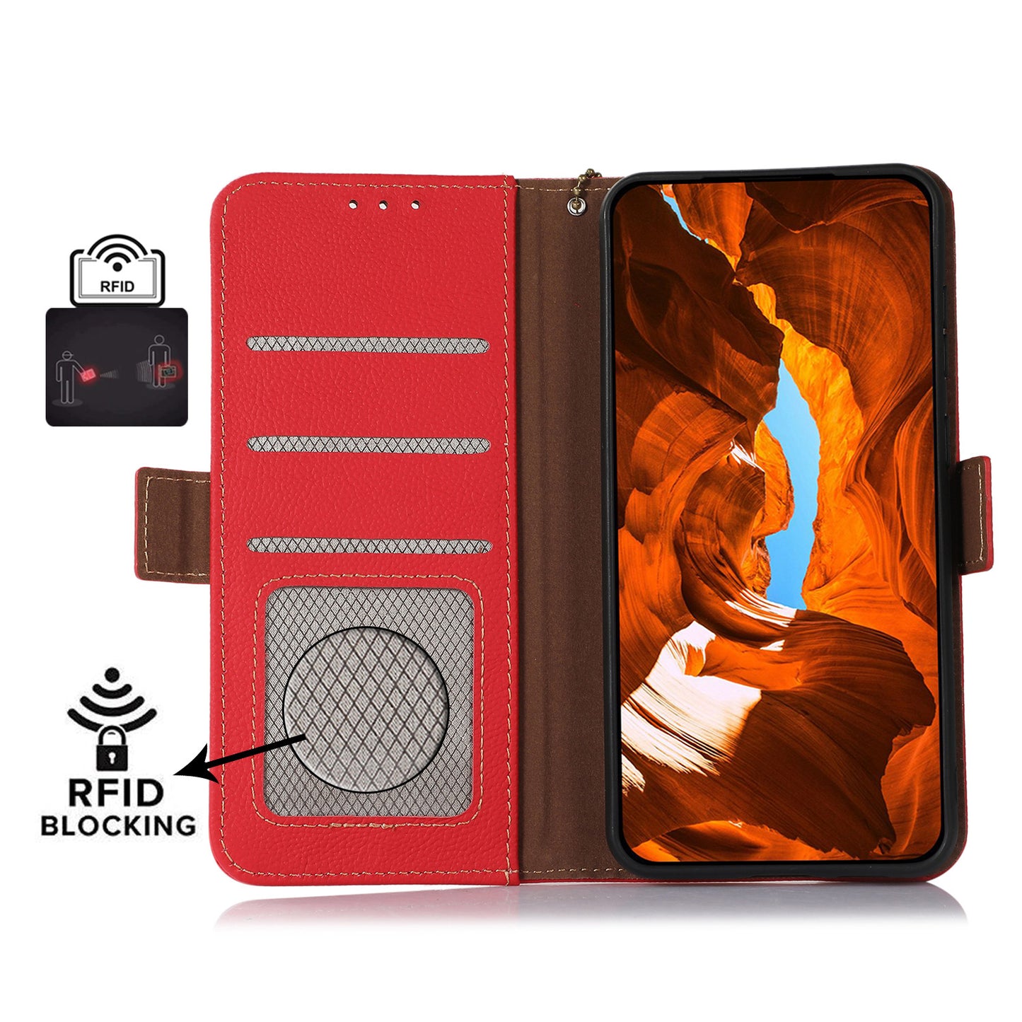 TJ For Samsung Galaxy A16 5G / A16 4G Case RFID Blocking Genuine Cow Leather Phone Cover - Red
