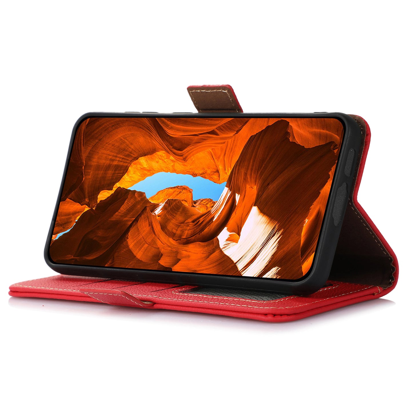 TJ For Samsung Galaxy A16 5G / A16 4G Case RFID Blocking Genuine Cow Leather Phone Cover - Red