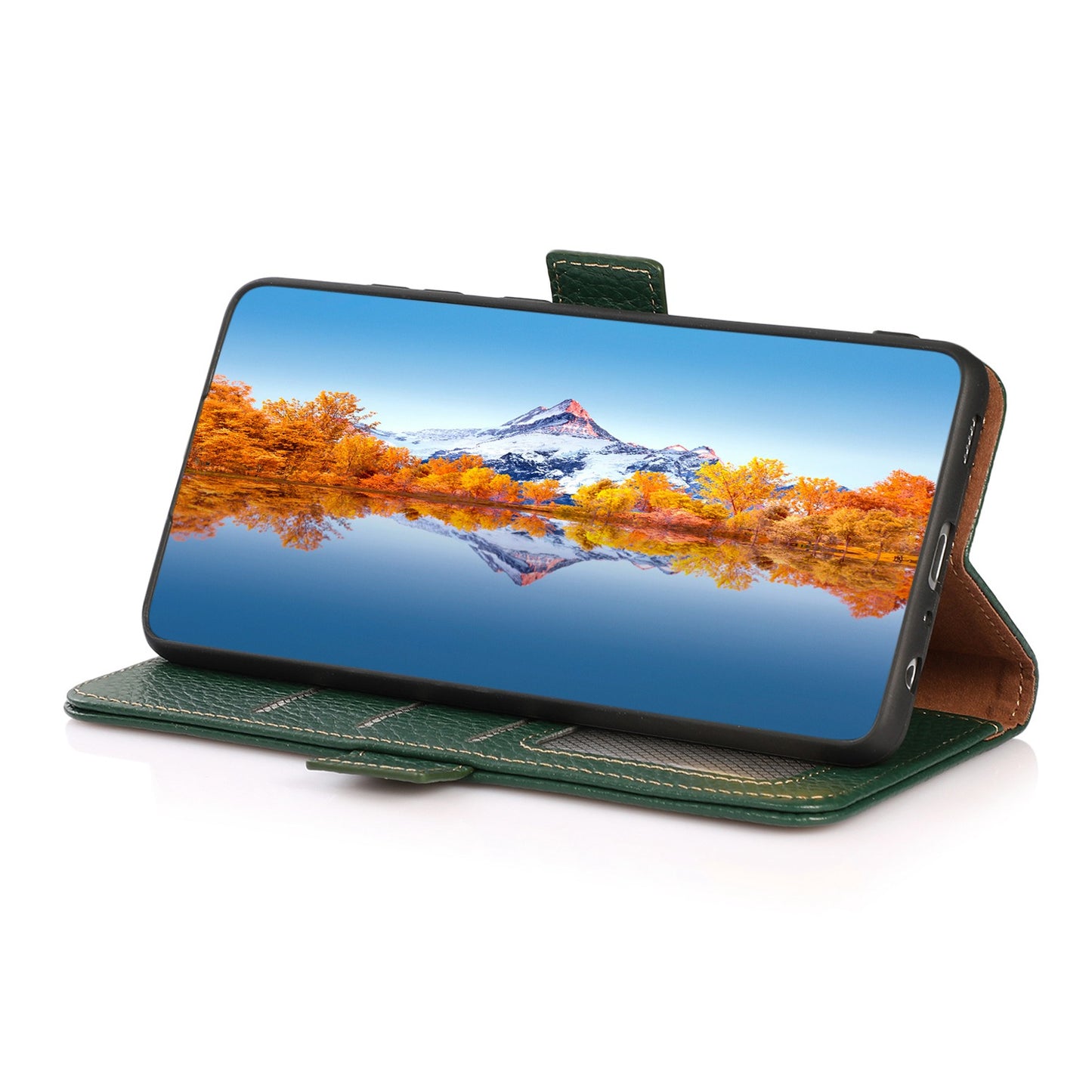 KHAZNEH For Samsung Galaxy A16 5G / A16 4G Phone Case Genuine Cow Leather Cover RFID Blocking - Green