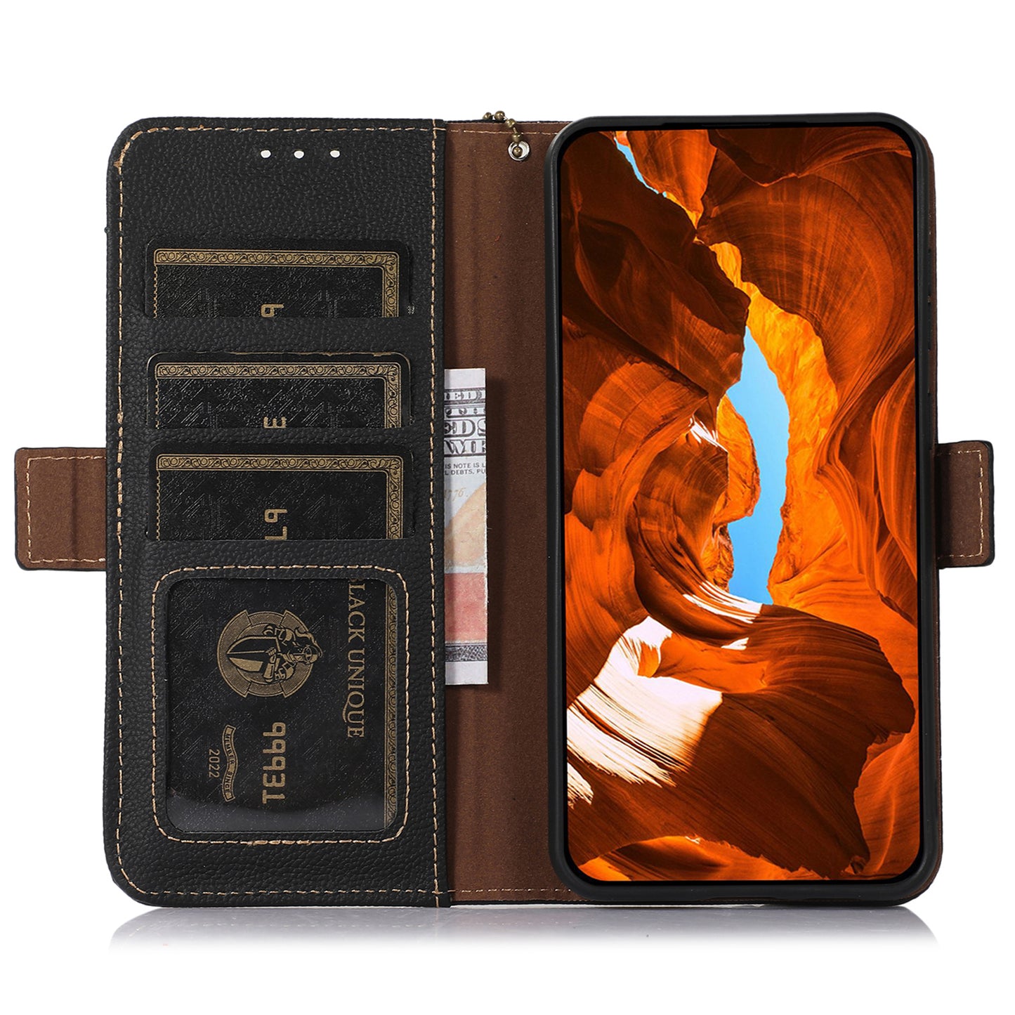TJ For Samsung Galaxy A06 Case RFID Blocking Genuine Cow Leather Phone Cover - Black