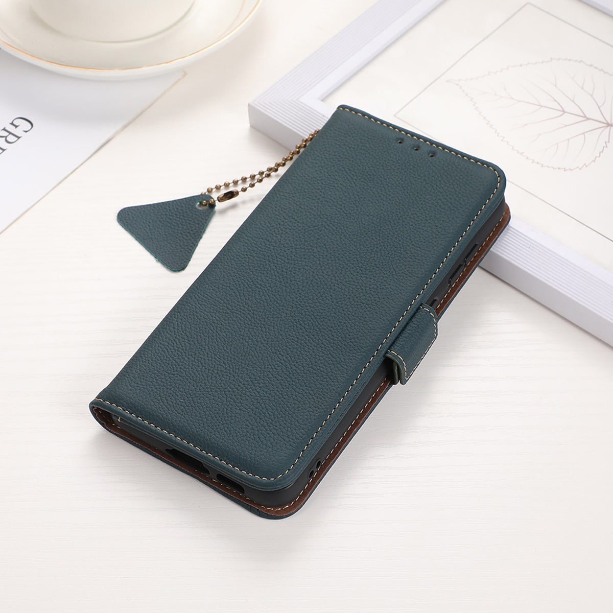 TJ For Samsung Galaxy A06 Case RFID Blocking Genuine Cow Leather Phone Cover - Green